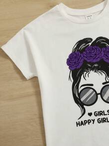 SHEIN Leap Crew Bộ thời trang bé gái Thắt lưng Con số Slogan Giải trí - Màu tím  Violet - Xem 3