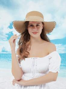 1 Nữ Nơ Trang Trí Đầm Chi Tiết Chống Nắng Thời Trang Mũ Rơm Cho Cuộc Sống Hàng Ngày - Màu Khaki - Xem 3