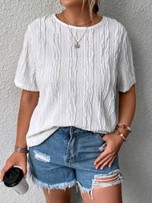 SHEIN LUNE Plus Textured Round Neck Tee - White - View 4