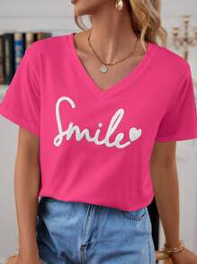 SHEIN Frenchy Cotton Heart & Letter Pattern Drop Shoulder Tee Summer Tops Vacation Clothes - Hot Pink - View 1