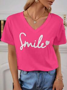 SHEIN Frenchy Cotton Heart & Letter Pattern Drop Shoulder Tee Summer Tops Vacation Clothes - Hot Pink - View 2