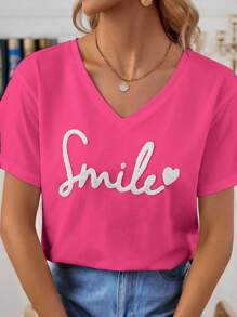 SHEIN Frenchy Cotton Heart & Letter Pattern Drop Shoulder Tee Summer Tops Vacation Clothes - Hot Pink - View 3