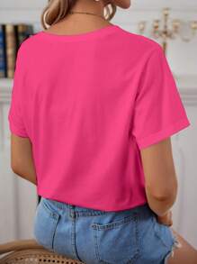 SHEIN Frenchy Cotton Heart & Letter Pattern Drop Shoulder Tee Summer Tops Vacation Clothes - Hot Pink - View 4