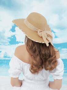 1 Nữ Nơ Trang Trí Đầm Chi Tiết Chống Nắng Thời Trang Mũ Rơm Cho Cuộc Sống Hàng Ngày - Màu Khaki - Xem 5