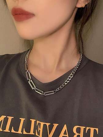 1入組時尚不銹鋼矩形裝飾鏈條樣式項鍊適合女士日常裝飾