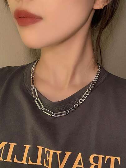 1pc Fashionable Stainless Steel Rectangle Decor Chain Necklace For Women For Daily Decoration