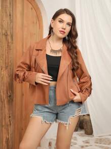 Plus Fringe Trim Suedette Biker Jacket - Camel - View 1