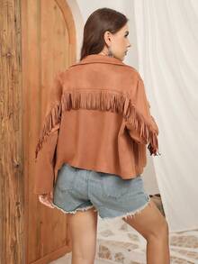 Plus Fringe Trim Suedette Biker Jacket - Camel - View 2