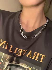 1pc Fashionable Stainless Steel Rectangle Decor Chain Necklace For Women For Daily Decoration