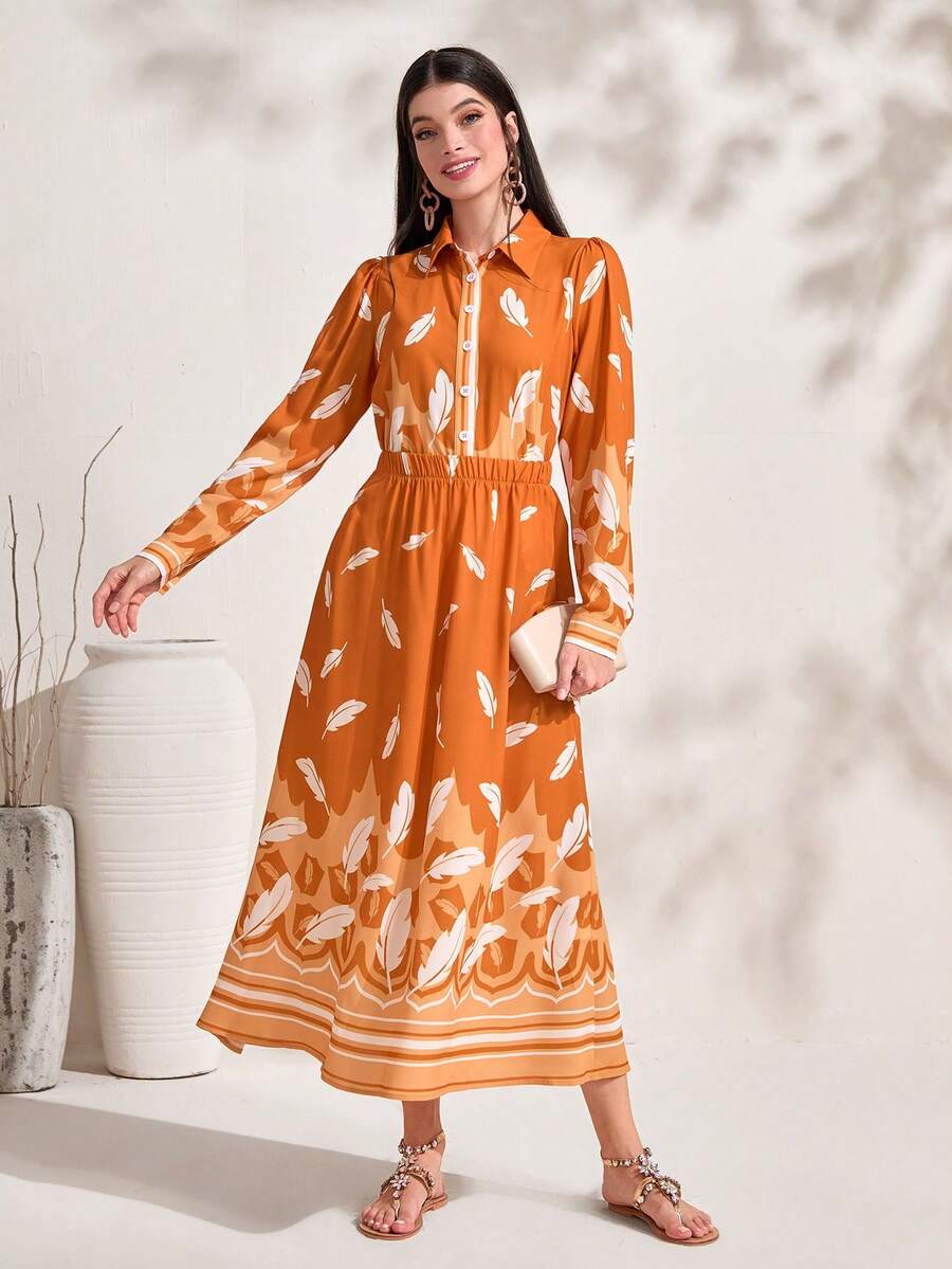 Mulvari Bộ đồ hai mảnh nữ Nút phía trước Bộ lạc Boho - trái cam - Xem 1