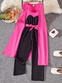 SHEIN Girls Open Front Vest Coat & Cami Jumpsuit - Multicolor - View 1
