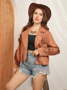 Plus Fringe Trim Suedette Biker Jacket - Camel - View 4