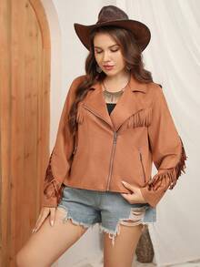 Plus Fringe Trim Suedette Biker Jacket - Camel - View 5