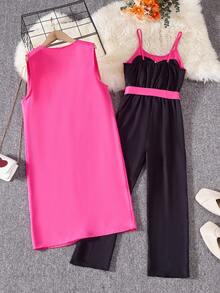 SHEIN Girls Open Front Vest Coat & Cami Jumpsuit - Multicolor - View 2