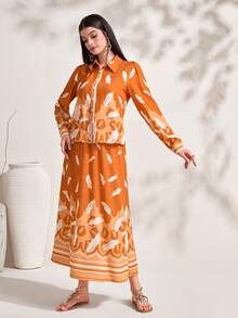 Mulvari Bộ đồ hai mảnh nữ Nút phía trước Bộ lạc Boho - trái cam - Xem 3