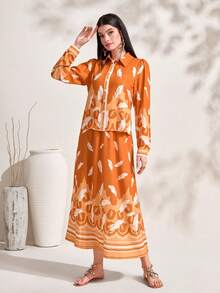 Mulvari Bộ đồ hai mảnh nữ Nút phía trước Bộ lạc Boho - trái cam - Xem 4