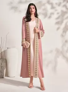 Contrast Color Lace Front Open Robe, Dignified Long Robe - Pink - View 1