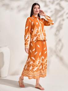 Mulvari Bộ đồ hai mảnh nữ Nút phía trước Bộ lạc Boho - trái cam - Xem 5