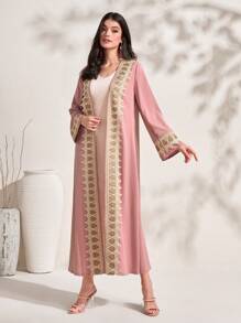 Contrast Color Lace Front Open Robe, Dignified Long Robe - Pink - View 3