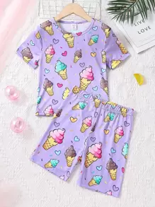 Girls Ice Cream Print Snug Fit PJ Set - Purple - View 1