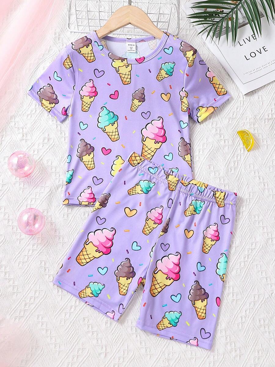 Girls Ice Cream Print Snug Fit PJ Set - Purple - View 1