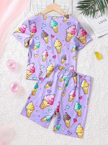 Girls Ice Cream Print Snug Fit PJ Set - Purple - View 2