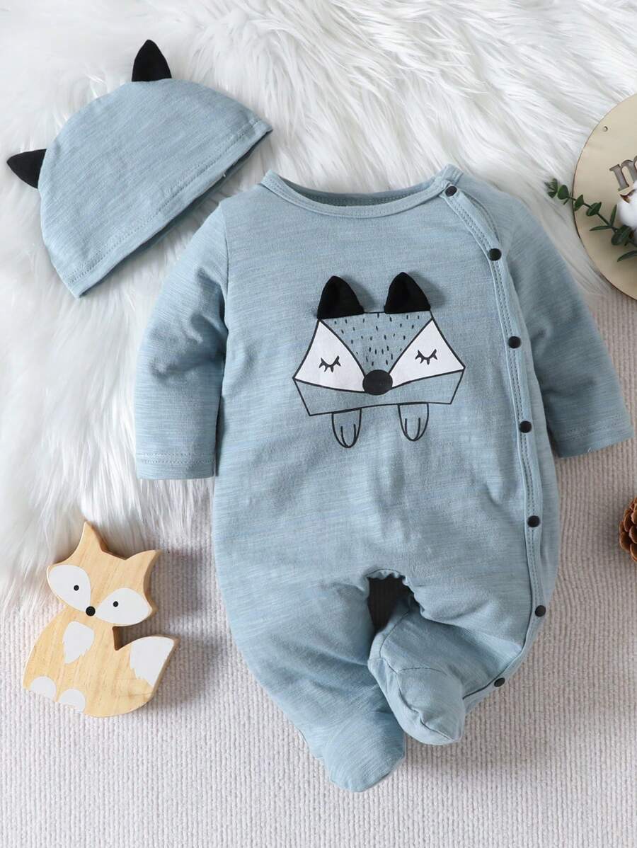 男嬰狐狸印花3D耳朵設計包腳連體睡衣 - 霧霾藍 - 查看 1