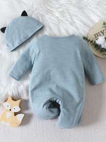 男嬰狐狸印花3D耳朵設計包腳連體睡衣 - 霧霾藍 - 查看 2