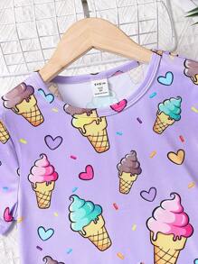 Girls Ice Cream Print Snug Fit PJ Set - Purple - View 4