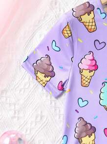 Girls Ice Cream Print Snug Fit PJ Set - Purple - View 6