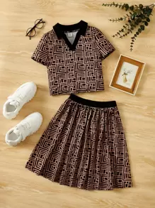 SHEIN Leap Crew Tween Girl Allover Geo Print Contrast Collar Tee & Skirt - Multicolor - View 1