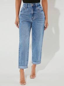 SHEIN PETITE Quần jean nữ Nút Túi Dây kéo màu trơn - Rửa nhẹ - Xem 1