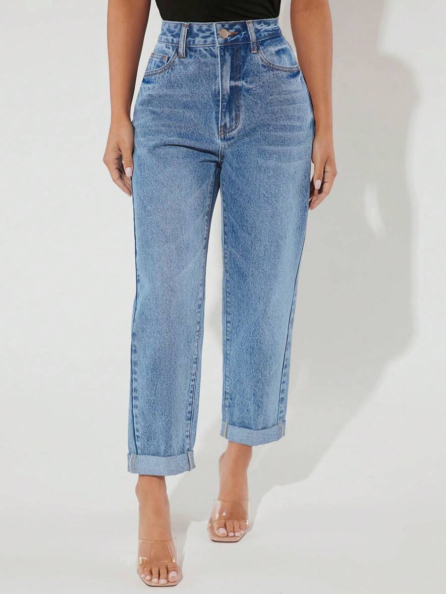 SHEIN PETITE Quần jean nữ Nút Túi Dây kéo màu trơn - Rửa nhẹ - Xem 1