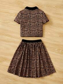 SHEIN Leap Crew Tween Girl Allover Geo Print Contrast Collar Tee & Skirt - Multicolor - View 2