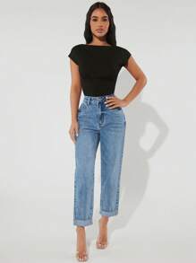 SHEIN PETITE Quần jean nữ Nút Túi Dây kéo màu trơn - Rửa nhẹ - Xem 2
