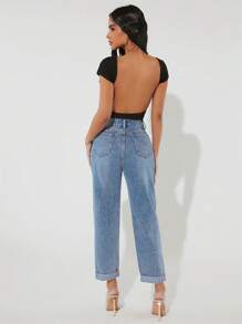 SHEIN PETITE Quần jean nữ Nút Túi Dây kéo màu trơn - Rửa nhẹ - Xem 4