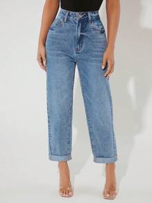 SHEIN PETITE Quần jean nữ Nút Túi Dây kéo màu trơn - Rửa nhẹ - Xem 5