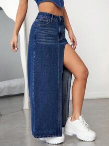 SHEIN ICON 高腰高衩牛仔半身裙