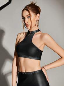 SHEIN ICON 素色短款PU皮革掛脖上衣 - 黑色 - 查看 2