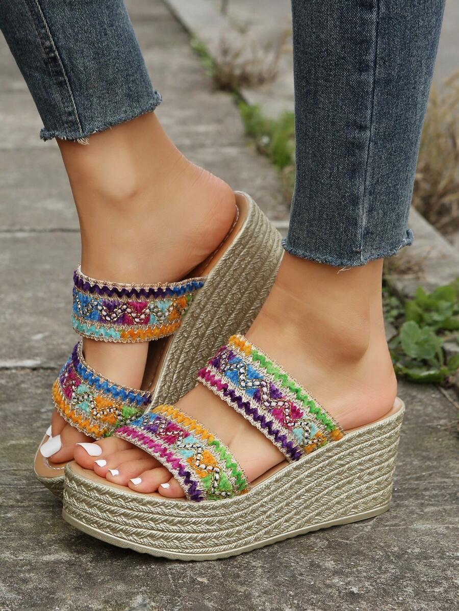 女士撞色編織度假織物坡跟涼鞋 - 彩色 - 查看 1