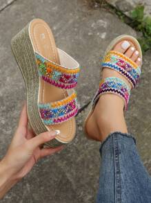 女士撞色編織度假織物坡跟涼鞋 - 彩色 - 查看 2