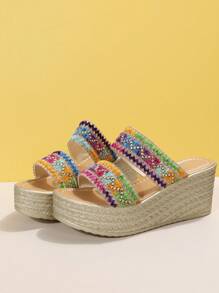 女士撞色編織度假織物坡跟涼鞋 - 彩色 - 查看 3