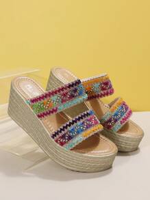 女士撞色編織度假織物坡跟涼鞋 - 彩色 - 查看 5