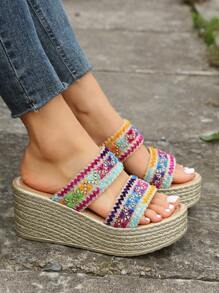 女士撞色編織度假織物坡跟涼鞋 - 彩色 - 查看 7