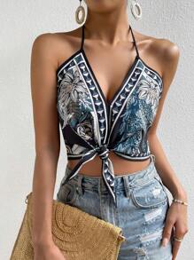 Breezaya Floral Print Tie Front Halter Top Graphic Tees Women Tops