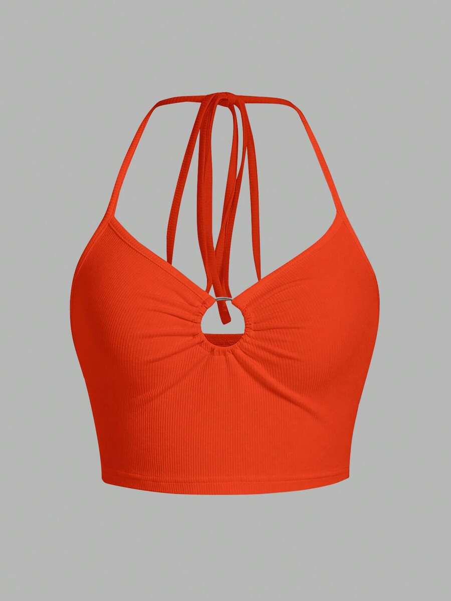 SHEIN ICON Áo khoác và áo lót dành cho xe tăng nữ Lộ Lưng Nhẫn Buộc lại màu trơn Giải trí - Màu Cam san hô - Xem 1