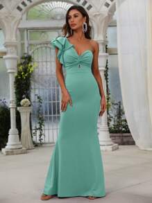 Faeriesty 單肩前扭結荷葉邊魚尾裙下擺正式連衣裙 - 薄荷綠 - 查看 1