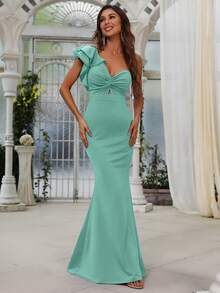 Faeriesty 單肩前扭結荷葉邊魚尾裙下擺正式連衣裙 - 薄荷綠 - 查看 5