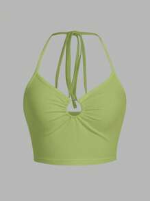 SHEIN ICON Áo khoác và áo lót dành cho xe tăng nữ Gân đan Lộ Lưng Nhẫn Xù Buộc lại màu trơn Giải trí - Màu xanh chanh - Xem 1