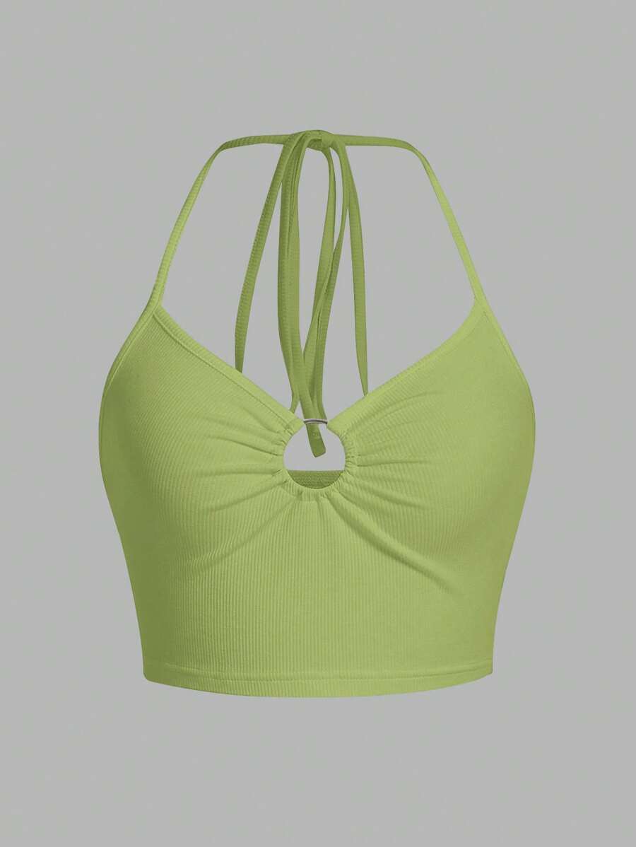 SHEIN ICON Áo khoác và áo lót dành cho xe tăng nữ Gân đan Lộ Lưng Nhẫn Xù Buộc lại màu trơn Giải trí - Màu xanh chanh - Xem 1